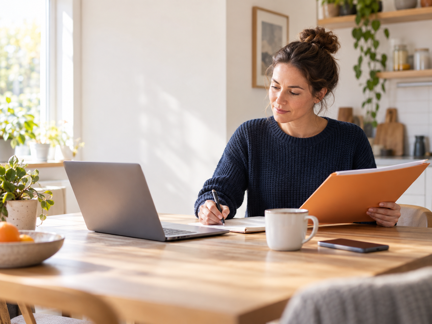 Person bereitet ihr Anliegen mit Laptop und Unterlagen selbst vor