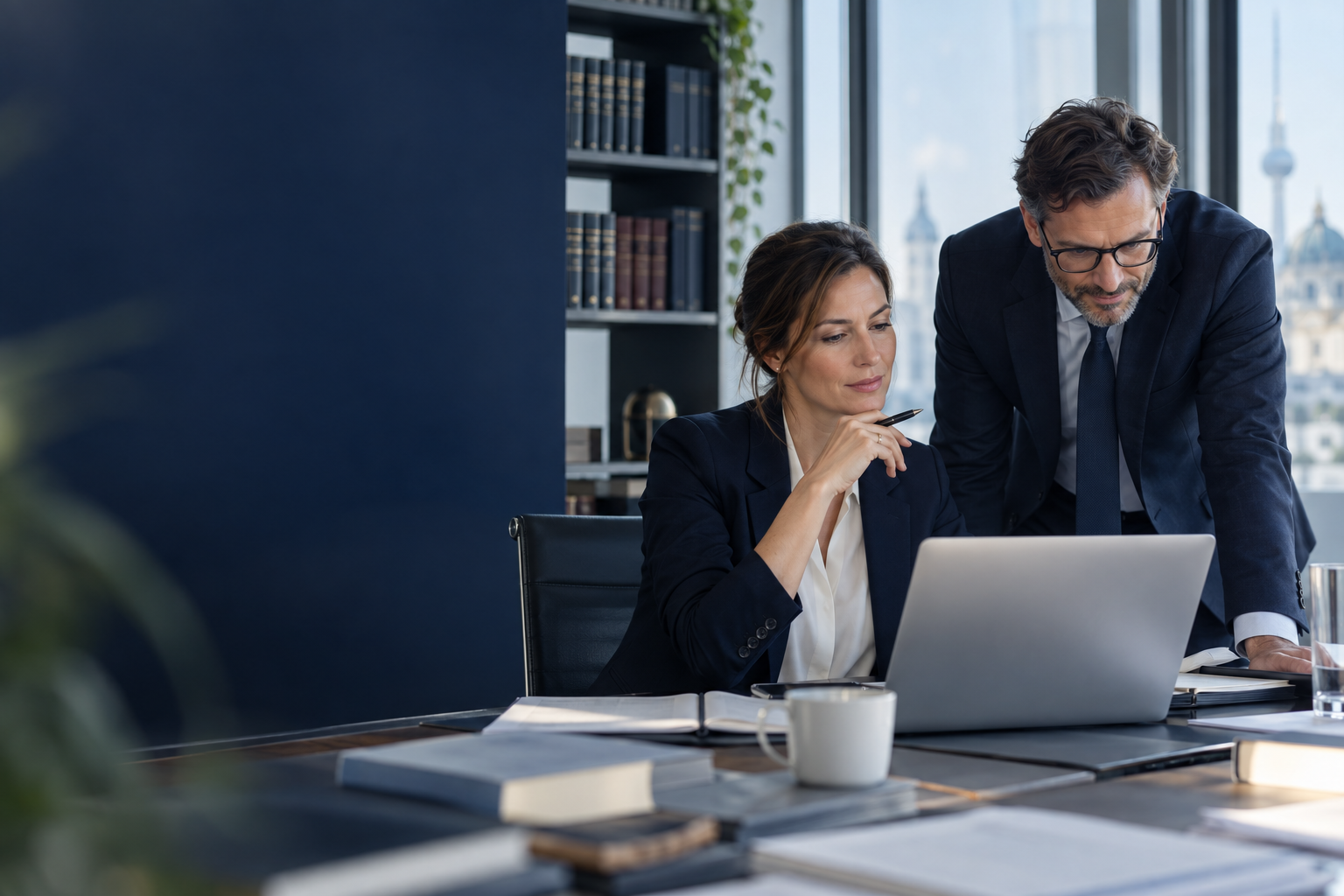 Zwei Rechtsanwälte arbeiten gemeinsam an einem digitalen Vorgang