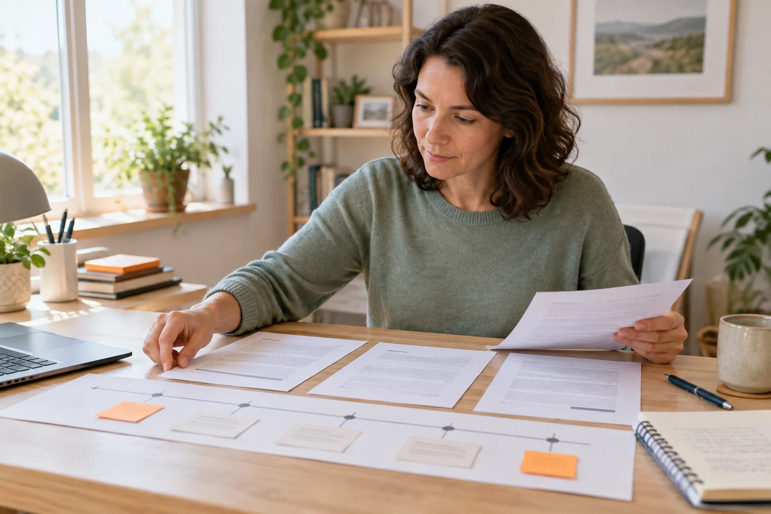 Arbeitnehmerin ordnet Abmahnung, Vertragsunterlagen und Ereignisse auf einer Zeitleiste.
