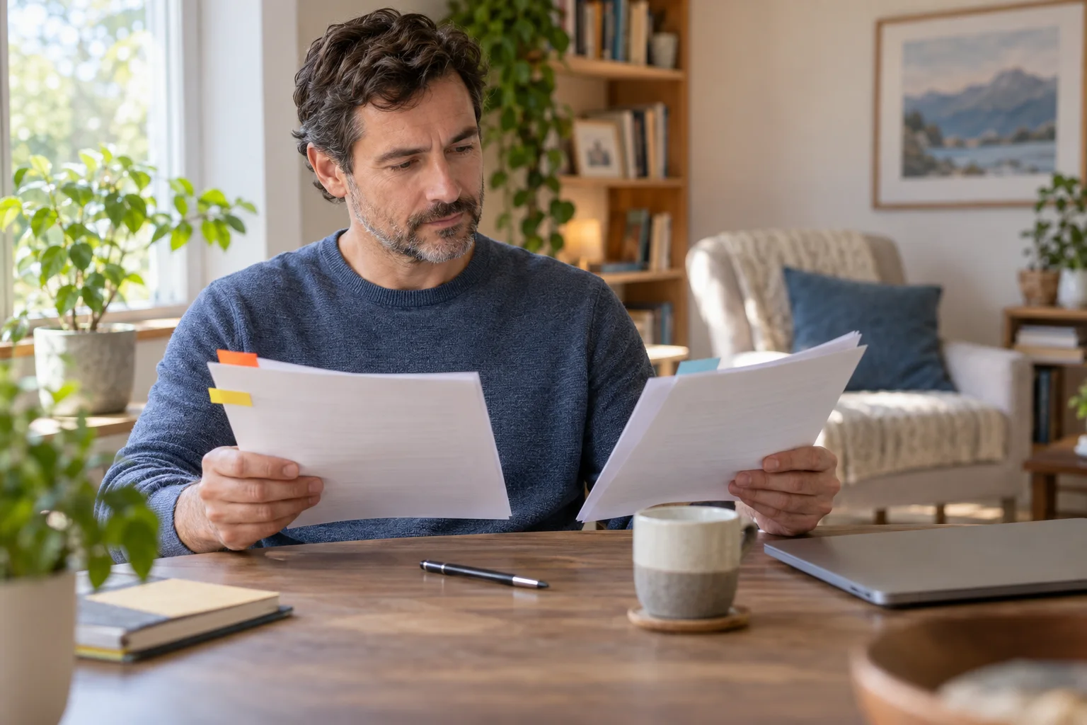 Arbeitnehmer vergleicht die Bedingungen eines Aufhebungsvertrags vor der Unterschrift.