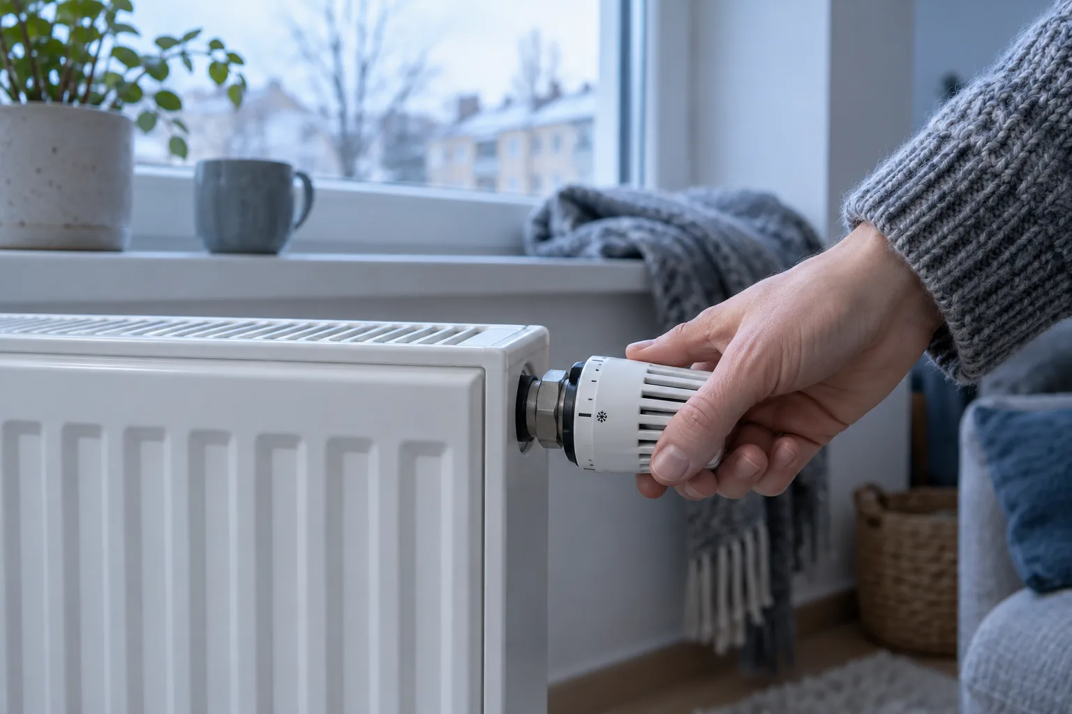 Hand am Thermostat eines Heizkörpers in einer Wohnung.