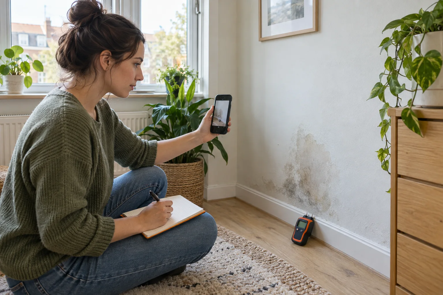 Mieterin dokumentiert eine feuchte Wand mit Foto, Messgerät und Notizen.