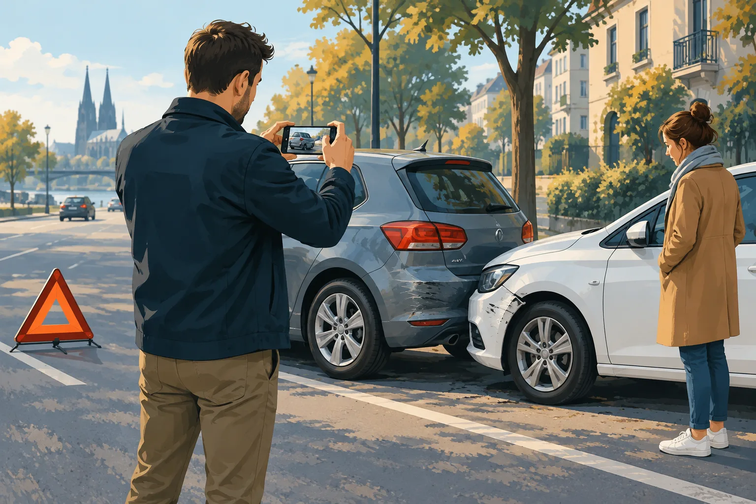 Illustration: Eine Person fotografiert einen kleinen Blechschaden an zwei Autos.