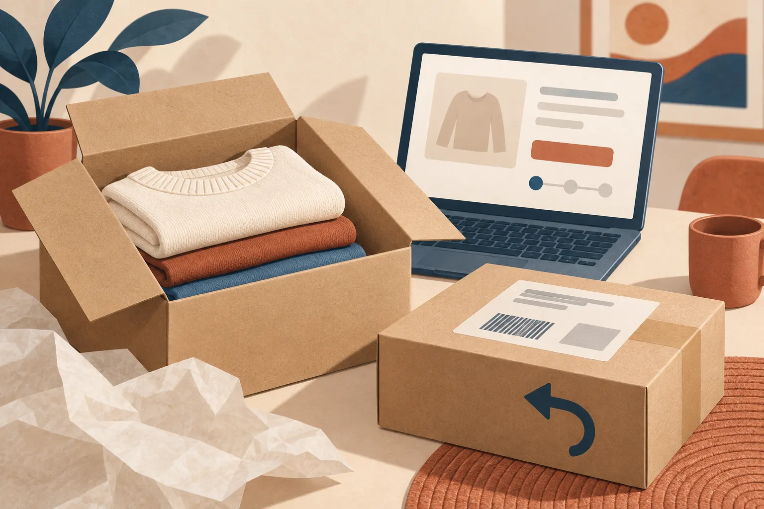 Illustration: Versandkarton, Kleidung, Rücksendepaket und Laptop.
