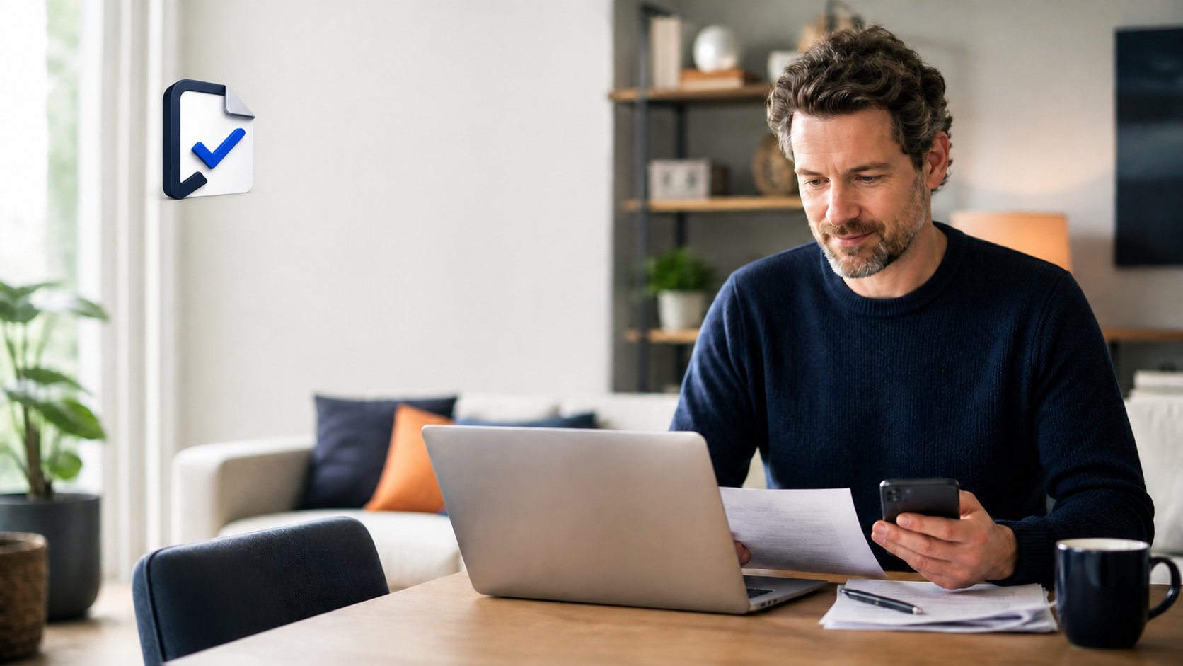 Verbraucher arbeitet mit Laptop, Smartphone und geordneten Unterlagen an seiner digitalen ALLRIGHTY-Fallakte
